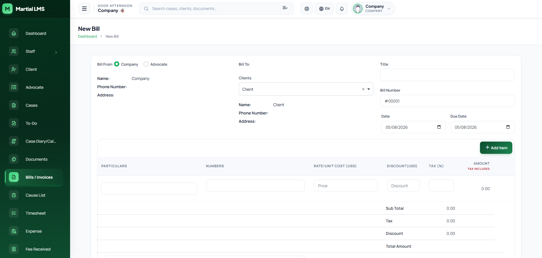 Billing and invoicing screen with itemised fee-note