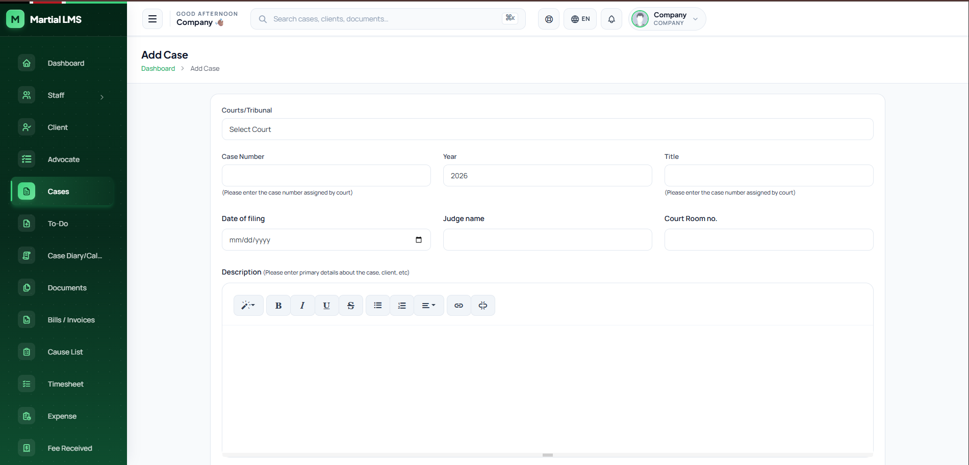 Case management form for adding a new matter