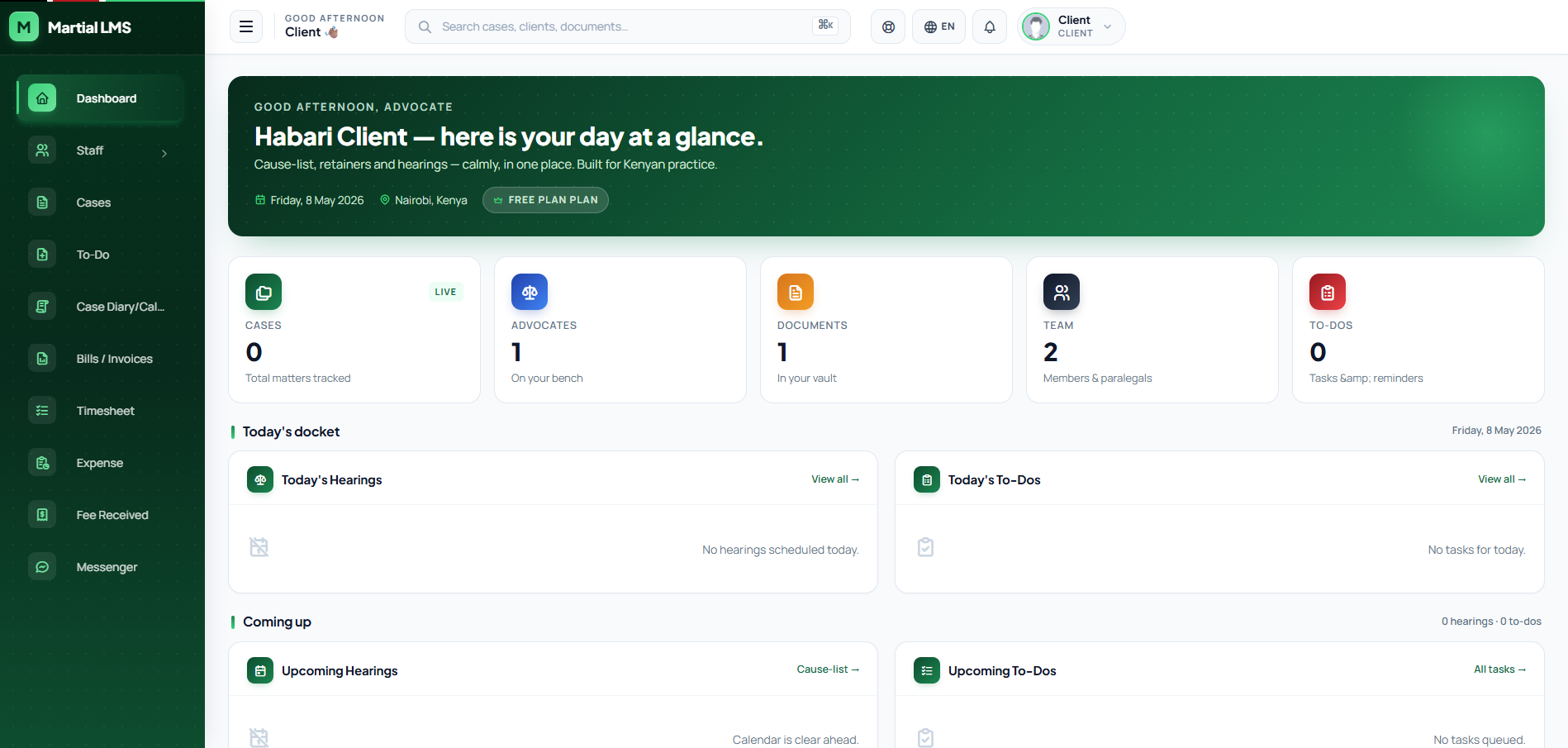 Client portal showing case status and upcoming hearings