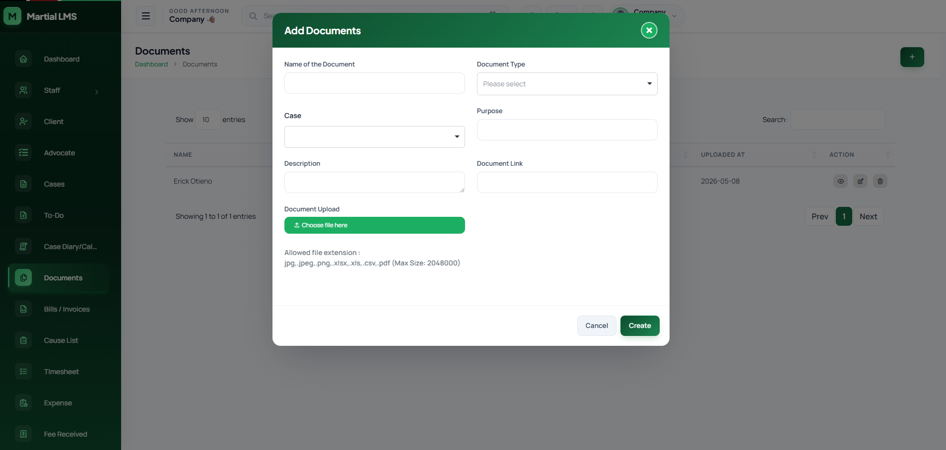 Document upload modal showing case, type and purpose fields